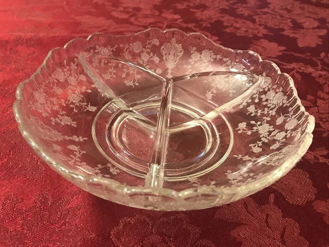 Elegant Depression Glass CAMBRIDGE Rose Point Etched 3 Part Relish/Candy Dish