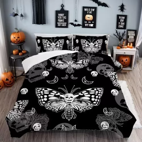 Black and White Gothic Moth Comforter Set Size for Girls Boys King Death Moth 3