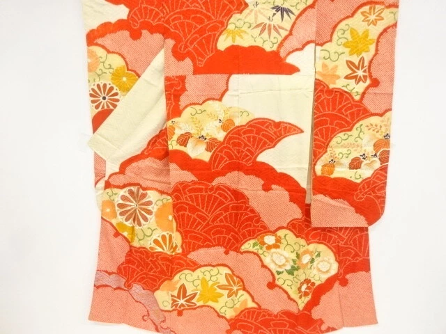 80299# Japanese Kimono / Antique Furisode / Shibori / Embroidery / Kiku Arabesqu