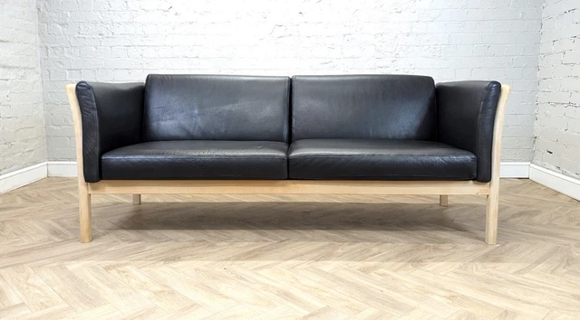 Mid-Century Modern Vintage Danish Black Leather 2.5 Seater Sofa by Mogens Hansen
