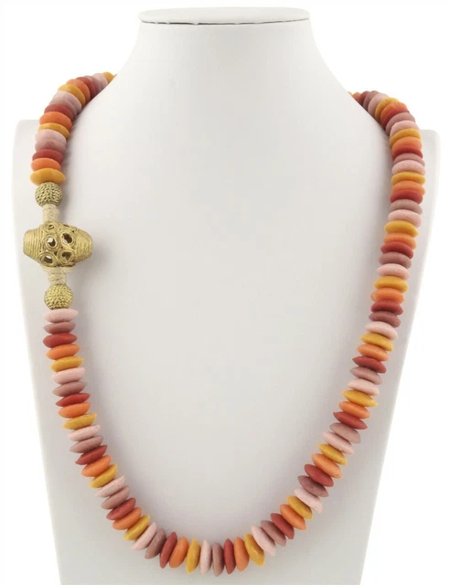 Handmade recycled glass beads brass necklace Krobo Ashanti ethnic jewelry Africa