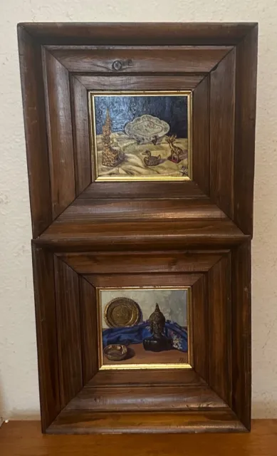PAIR Vintage Signed Original Oil on Board Paintings, Chinese/Asian Still Life