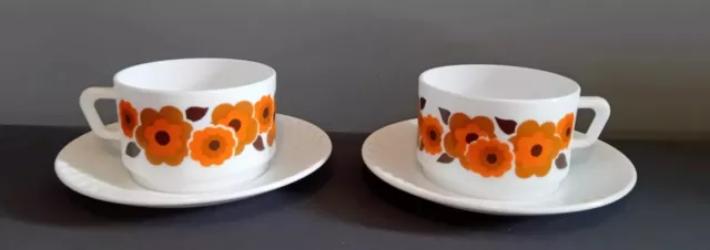 2 Fabulous Vintage/Retro 70s Arcopal Milk Glass Cups & Saucers - Camper Van #2