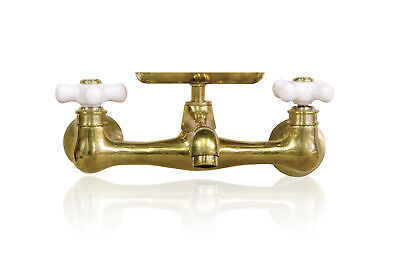 Natural Brass Wall-Mount Short Swivel Spout Utility Bridge Faucet + Soap Dish