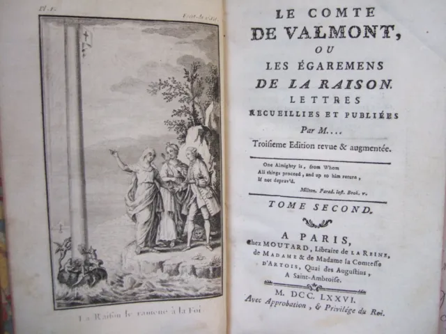lot livres anciens, 1776 , 2 volumes, Comte de Valmont, GRAVURES, TI & II