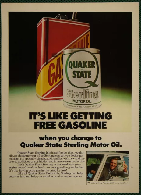 Quaker State Sterling Motor Oil Like Getting Free Gas Vintage Print Ad 1980