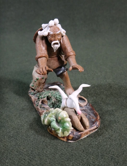 CHINESE MUDMAN old man chasing goose MINIATURE BONSAI FIGURE
