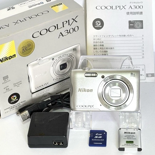 NIKON COOLPIX A300 Digital Camera 8x Zoom Silver with 2GB SD