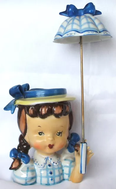 Vintage Napco? Semco Japan Blue Girl Parasol Umbrella Head Vase Planter Figurine