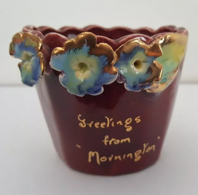 Vintage Australian Pottery Souvenir of Mornington Pot with Applied Flowers 2