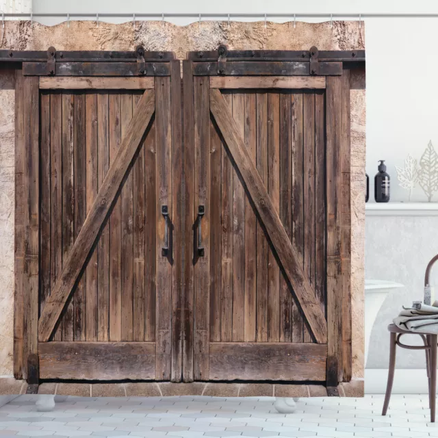 Rustic Shower Curtain Wooden Barn Door Image Print for Bathroom