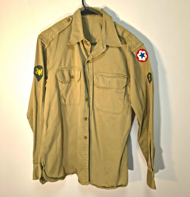VTG 40S WWII US Army Khaki Cotton Twill Service Shirt Patches Unisex Sz ...