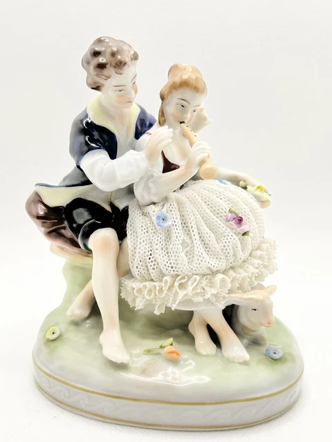 Vintage UNTER WEISS BACH Dresden lace figurine courting couple lamb flute