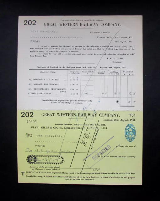 Rare  Vintage  1941  G.w. Railway  Share Dividend With Cheque Still  Attached