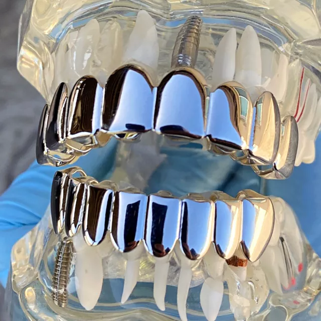 Solid 925 Sterling Silver Grillz 8 Top & Eight Bottom Teeth Set Pre-made Grills