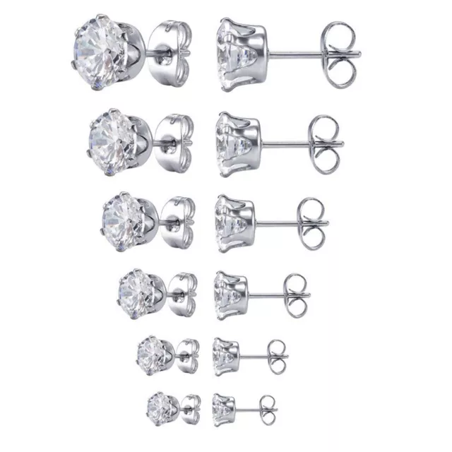 3mm-8mm Cubic Zirconia for Men / Women Stainless Steel Round CZ Stud Earrings