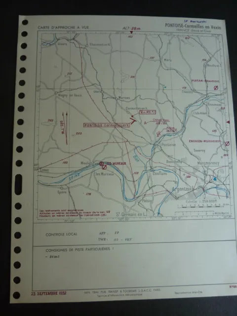 1952 Pontoise Cormeilles en Vexin Airfield Visual Approach Map *