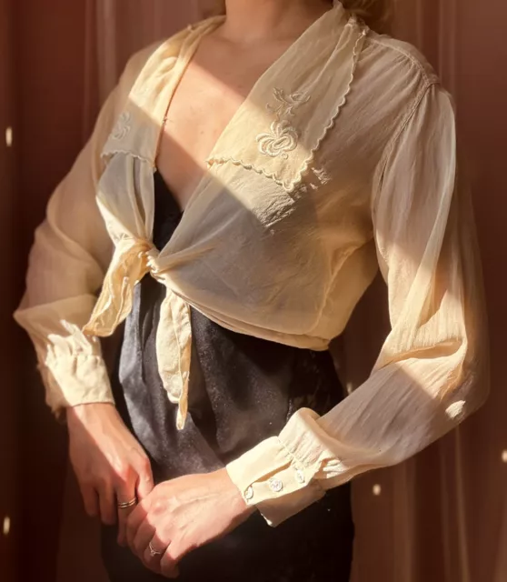 Antique Edwardian 1910s Cream Silk Blouse