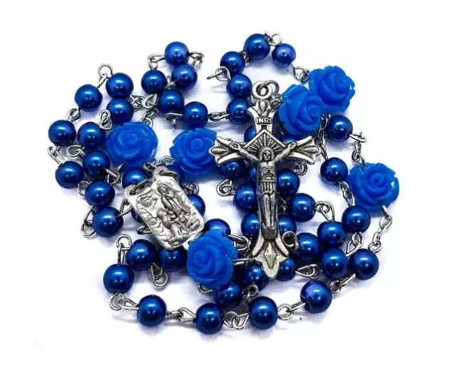 BLUE Rose Beads ROSARY BEAD & ITALY CROSS CRUCIFIX CATHOLIC NECKLACE JERUSALEM