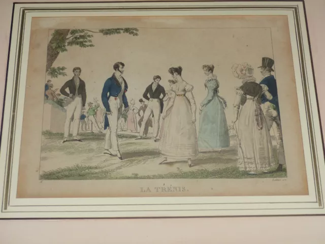 GRAVURE ANCIENNE / DANSE COSTUMES RESTAURATION QUADRILLE "LA TRENIS" 1820 French 2