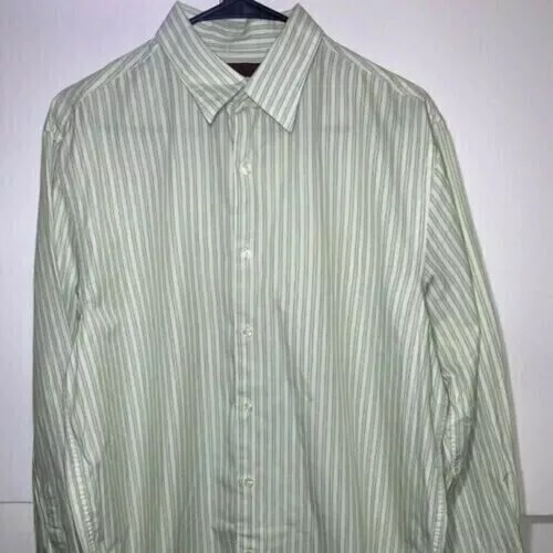 Perry Ellis Men's L Large White Green Striped Long Sleeve Button Down Shirt