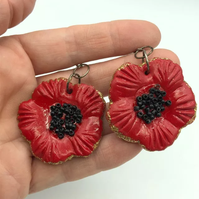 STATEMENT Red & Gold Tone Glitter 3D  Flower Poppy Dangle Drop Pierced Earrings