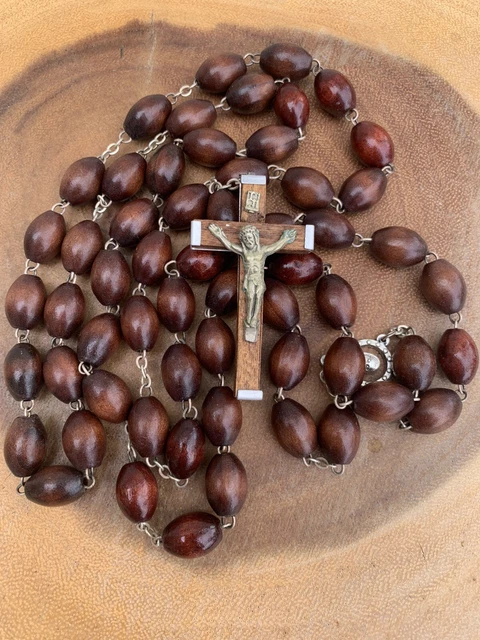 Vintage Catholic Rosary 40” Long with Large Brown Beads Wood Cross From Italy