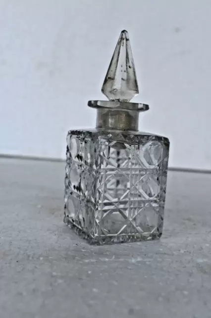 Vintage Perfume Bottle Clear Cut Glass Crystal With Stopper Pointed Diamond Cut"