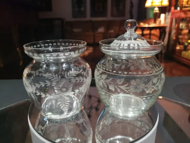 2 Condiment Jam Honey Jars, American Brilliant Cut Glass Crystal Sinclaire no 8