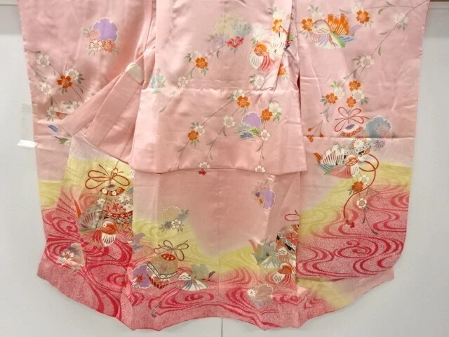 96311# Japanese Kimono / Antique Kimono For Girls / Mandarin Ducks & Bell