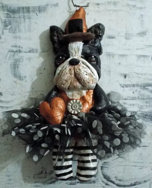 Folk Art Boston Terrier Dog Halloween Ornament handmade Character Art Doll