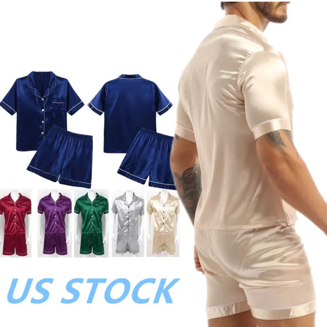 US Mens Silk Satin Pajamas Set Short Sleeves Button Tops and Shorts Sleepwear