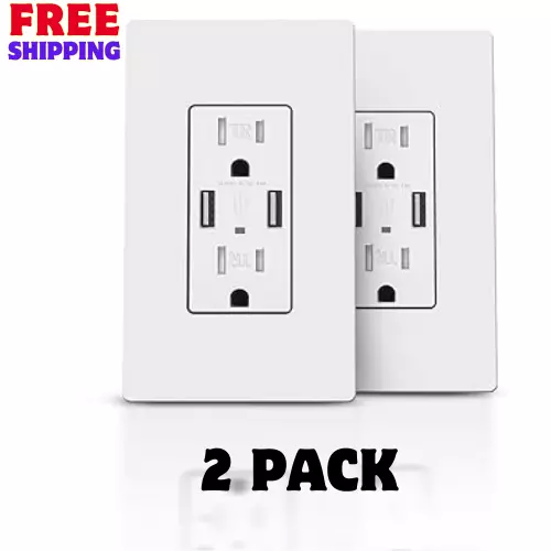 USB Outlet Fast Charger 4.8A Duplex Receptacle 15A 125V Tamper Resistant 2 Pack