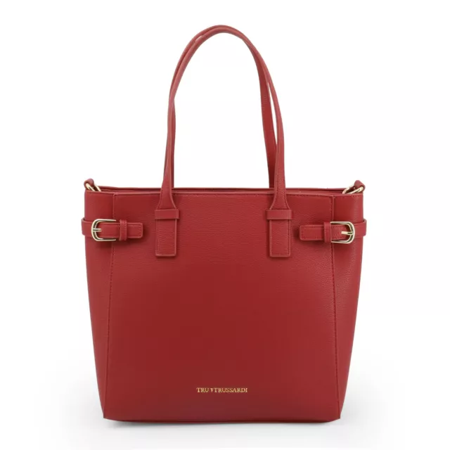 Leder Schultertasche Tru Trussardi Tragetasche Schulterriemen Damen Rot NEU Groß