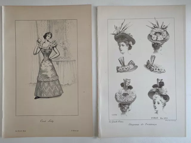 2 Original French antique Black & White plates- La Grande Dame 1894 Hats, Corset