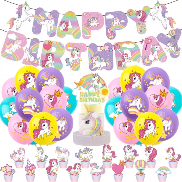 Unicorn Kids Happy Birthday Decorations Banner Balloons Cake Topper Supplies.