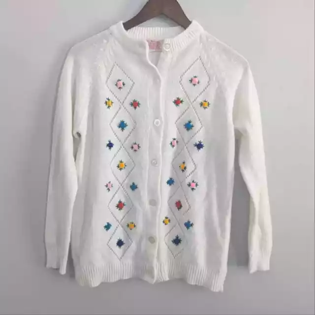 Women's Vintage Hand Embroidered White Floral Rosette Cardigan Size Small Taiwan