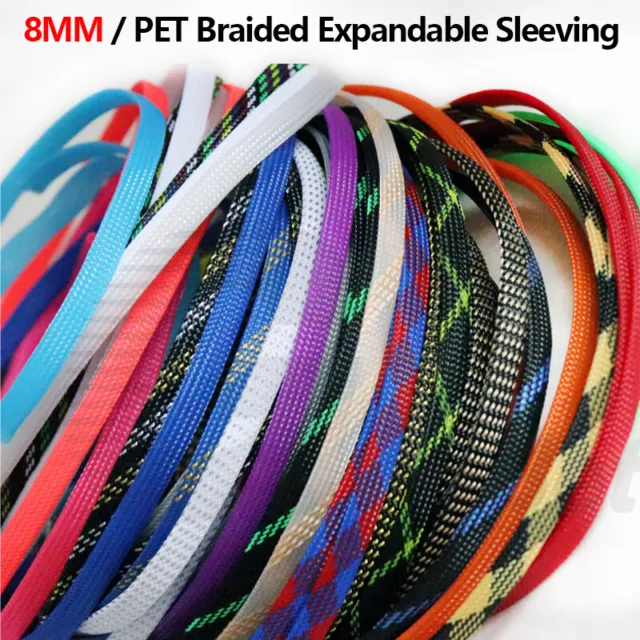 8mm PET Braided Expandable Cable Sleeving Wire Harness Auto Sheathing 27 Colors