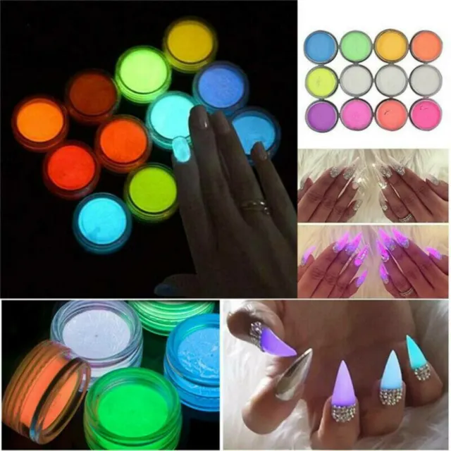 12 Colour Acrylic Glow in the Dark Nail Art Fluorescent Powder Luminous Pigment