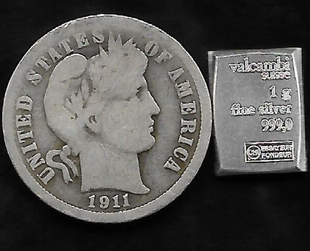 Rare Old 1911 Silver Barber US Coin Collection Dime 99.999% VALCAMBI Bar Lot W48
