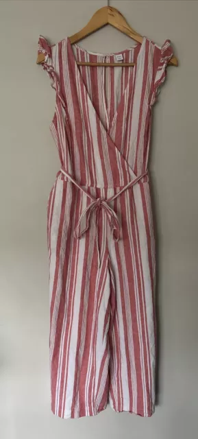 Old Navy Linen Jumpsuit Striped Ruffles Belted Cropped Keyhole Medium Sleeveless