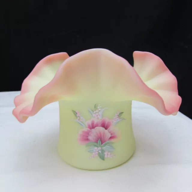 Fenton Burmese OOAK Peonies Hand Painted Hat Vase 2009 Vicki Curren W497