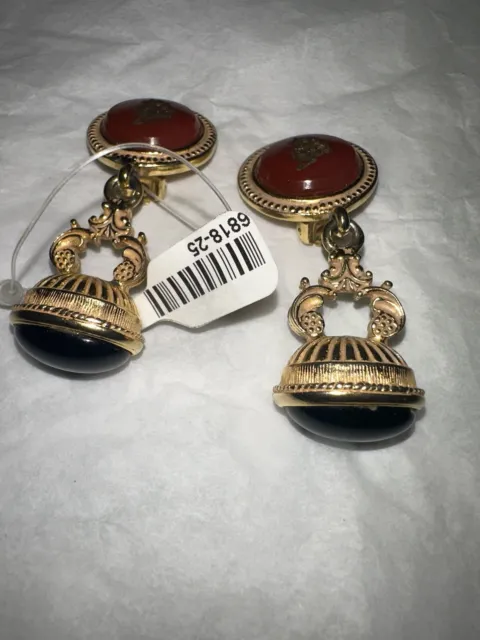 Ben-Amun Statement Gold tone and black red stones Dangle Clip Earrings $400