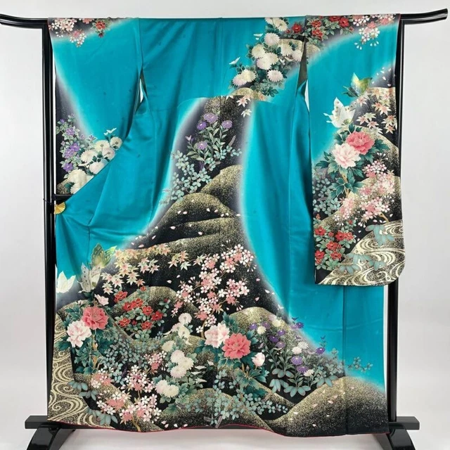 Woman Japanese Kimono Furisode Silk Butterfly Flower Gold Silver Foil BlueGreen