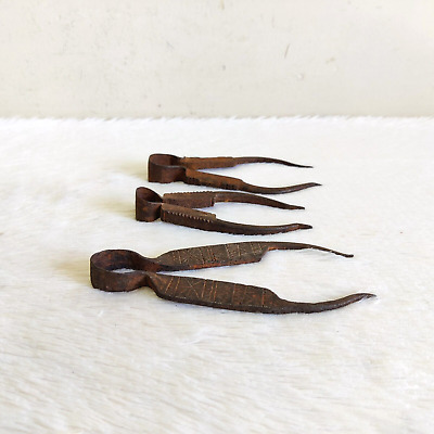 19c Vintage Primitive Iron Tweezer Tong Hand Carved Tool Collectible 3 Pcs I42
