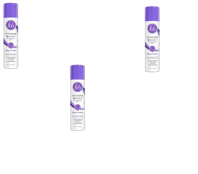 BL Fds Intimate + Body Dry Spray Desodorante Bebé Polvo 2 oz cada uno *PAQUETE DE TRES*