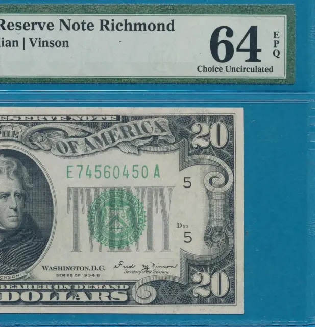 $20. 1934-B  Richmond Green Seal  Federal Reserve Note  Beautiful Pmg64Epq