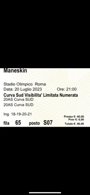 biglietto concerto maneskin stadi 2023 - 20 luglio Roma 