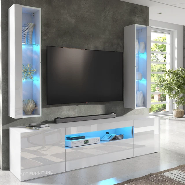 TV UNIT HIGH Gloss White &Matt Living Room Set Stand Display Cabinets LED Lights £119.90 ...