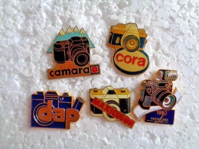 Job lot of 5 Camera advertising shaped metal lapel pins